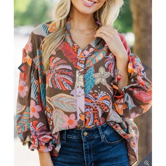 Fate What You're Worth Brown Floral Blouse Womens Medium - Picture 1 of 12